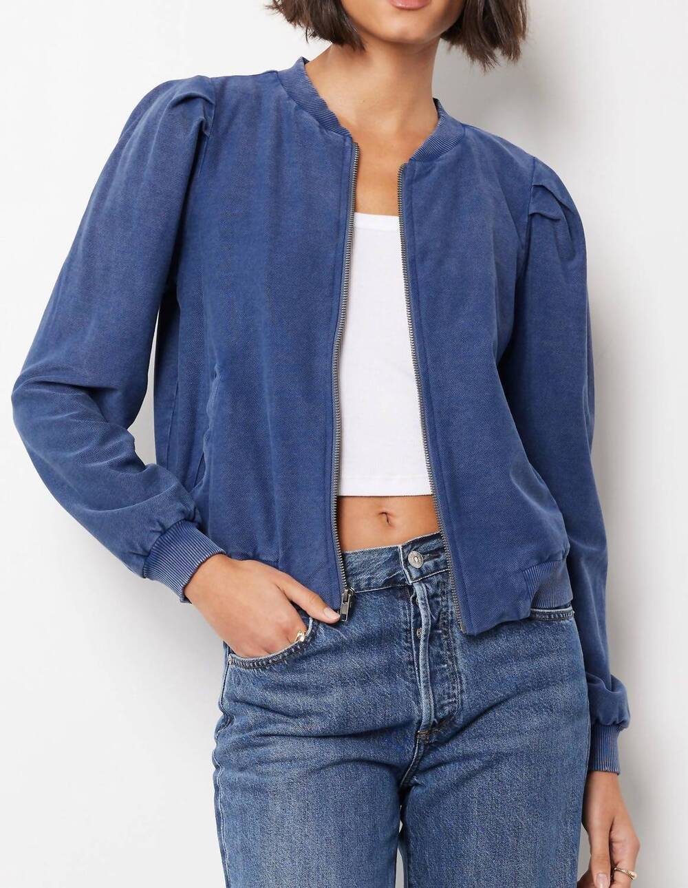 NEW BOBI puff sleeve bomber jacket in dark indigo